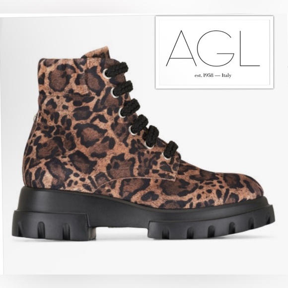 🐆NEW AGL Maxine New Leopard Lace Up Leather Lug Sole Combat Boots EU37 nwob
